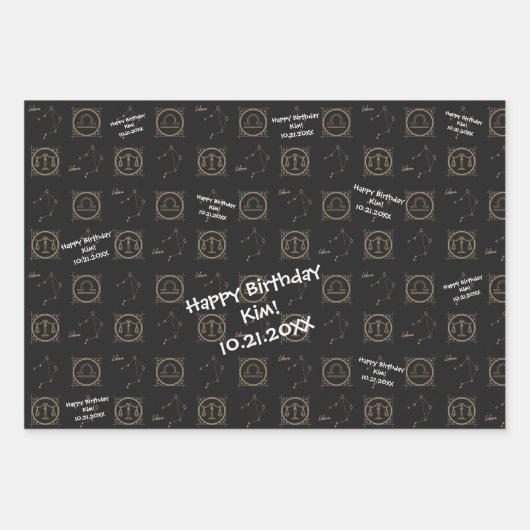 Bday Black & Gold Zodiaal Libra Astrology Star Sig Inpakpapier Vel (Voorkant)