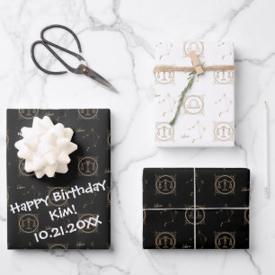 Bday Black & Gold Zodiaal Libra Astrology Star Sig Inpakpapier Vel