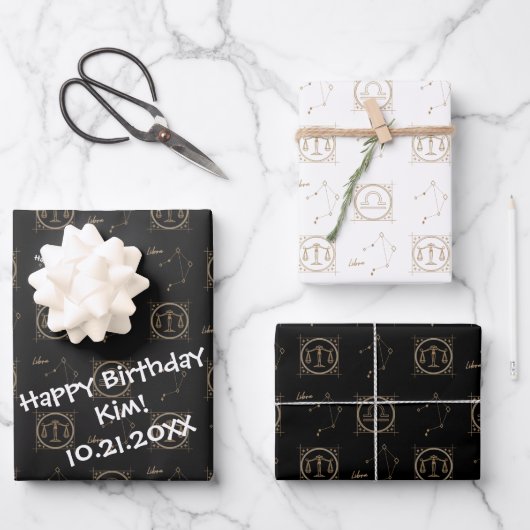 Bday Black & Gold Zodiaal Libra Astrology Star Sig Inpakpapier Vel (Voorkant)