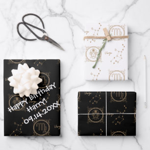 Bday Black & Gold Zodiac Virgo Astrology Star Sign Inpakpapier Vel