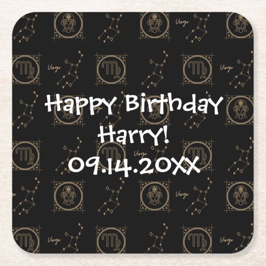 Bday Black & Gold Zodiac Virgo Astrology Star Sign Kartonnen Onderzetters (Voorkant)