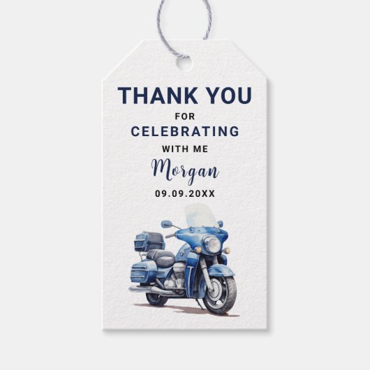 Be-editabele Blauwe Verjaardagsmotorfiets Bedankt  Cadeaulabel (Voorkant)