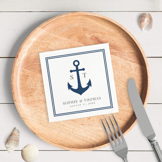 Be-editabele Kleur Rand Monogram Anker Bruiloft Servet