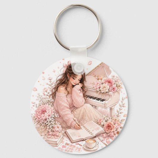 Be-editabele Roze Bloemstuk Piano Sleutelhanger (Voorkant)