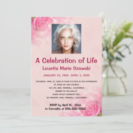 Be-editabele Roze Rozen Foto Herdenking van het Le Kaart (Staand voorkant)