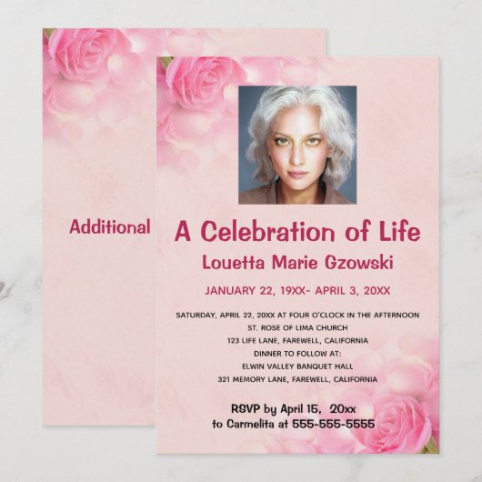 Be-editabele Roze Rozen Foto Herdenking van het Le Kaart (Voorkant / Achterkant)