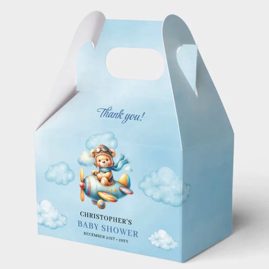 Be-editabele teddybeer-aviator blauwe bruine jonge bedankdoosjes