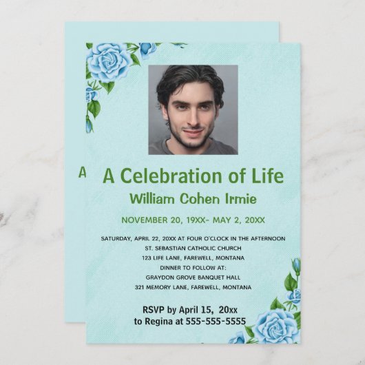 Be-editable blauwe rozen  foto viering van het lev kaart (Voorkant / Achterkant)