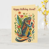 Be-editable Folk Art Iguana Verjaardag Kaart (Gele Bloem)
