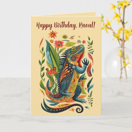 Be-editable Folk Art Iguana Verjaardag Kaart (Gele Bloem)