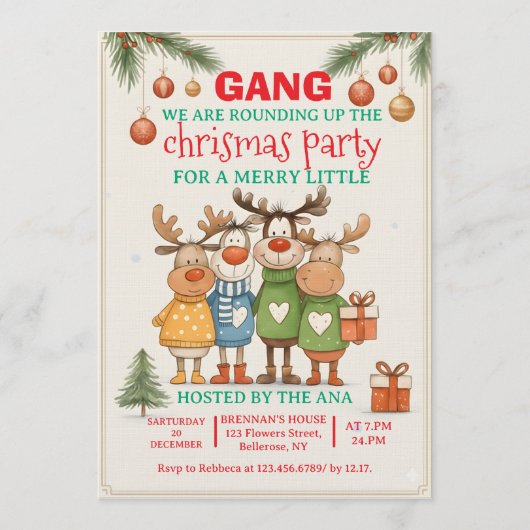 Be-editable Kerstfeest Uitnodiging met Rendier (Voorkant)