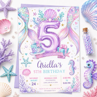 Be-editable Mermaid 5e Verjaardagsuitnodiging Kaart