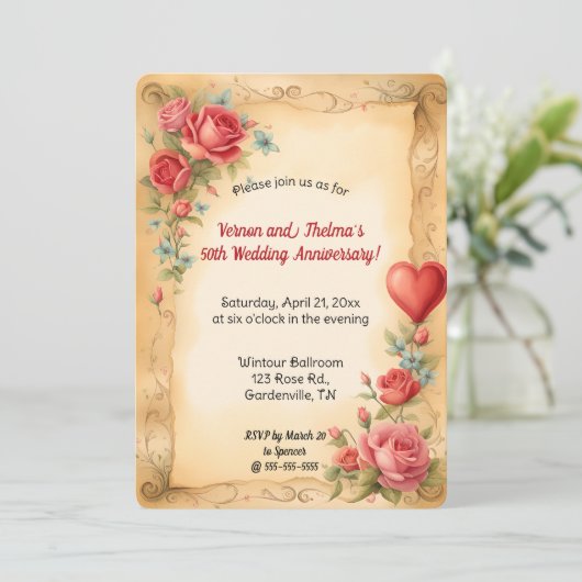 Be-editable Romantische Rozen en Rode Hart Kaart (Staand voorkant)