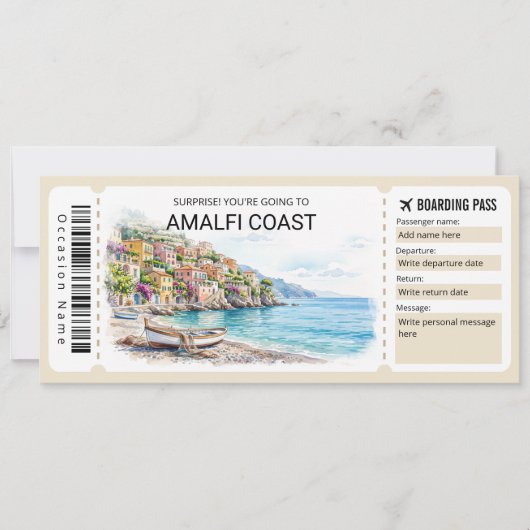 Be-editbaar Amalfi Coast Trip Instapkaart Ticket Kaart (Voorkant)