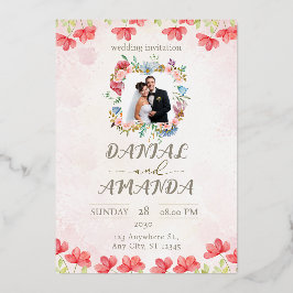 Be-editbaar Bloemen Huwelijksuitnodiging met Foto Folie Uitnodiging