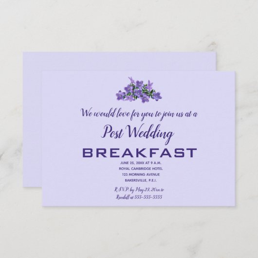 Be-editbaar Paarse Campunala Post Bruiloftsontbijt RSVP Kaartje (Voorkant / Achterkant)