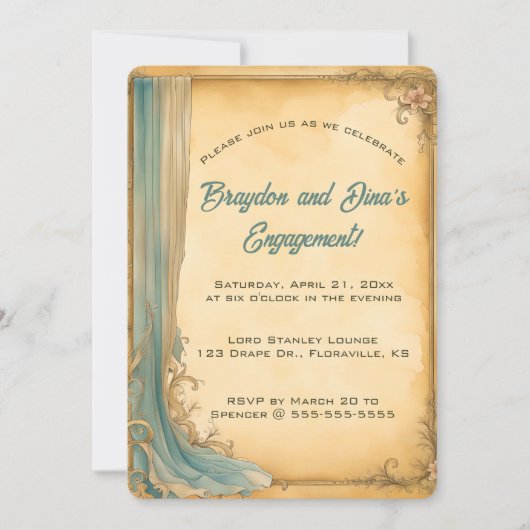 Be-editbare blauwe drapering en bloemen kaart (Voorkant)