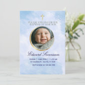 Be-editbare Blauwe Wolk Baby Jongens Doop Kaart (Staand voorkant)