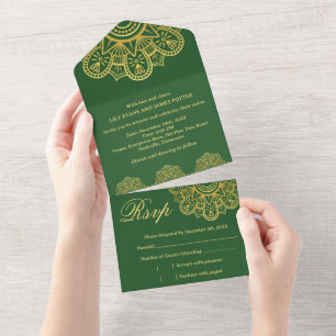 Be-editbare Diep Groen & Goud Mandala Indiase Trou All In One Uitnodiging