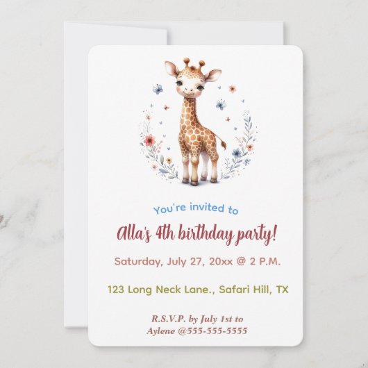 Be-editbare Giraffe Bloemen en Vlinders Kaart (Voorkant)
