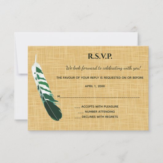 Be-editbare Groene Veer op Linnen RSVP Kaartje (Voorkant)