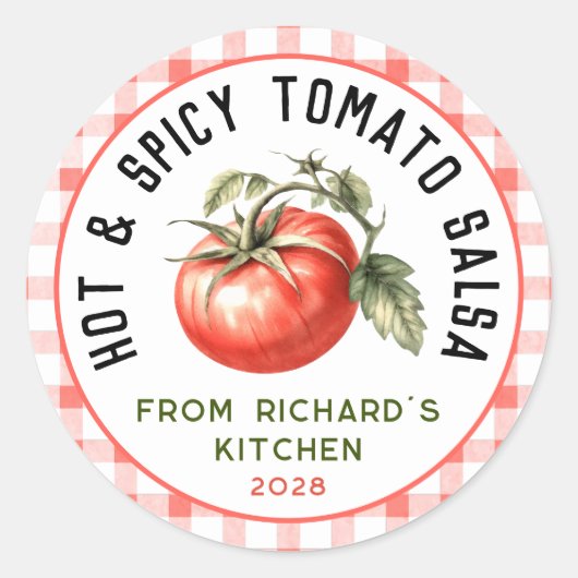 Be-editbare hete en pittige tomatensalsa voor inma ronde sticker (Voorkant)