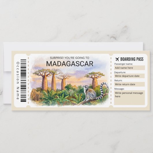 Be-editbare Madagaskar Reis Boarding Pass Ticket Kaart (Voorkant)
