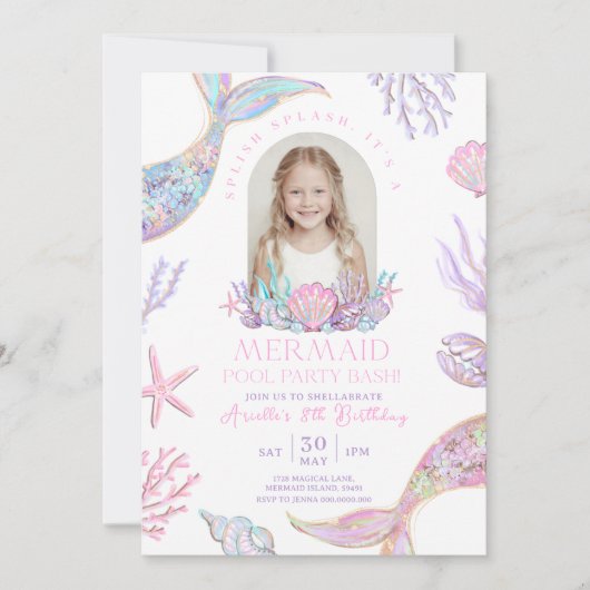 Be-editbare Mermaid Tail Zwembad Feest Uitnodiging (Voorkant)