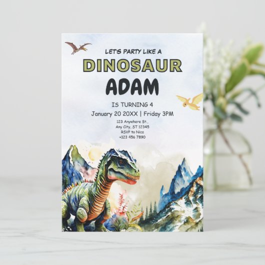Be-editbare realistische dinosaurus verjaardagsuit kaart (Staand voorkant)
