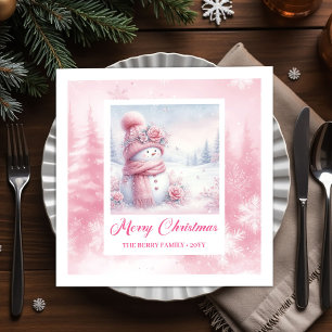 Be-editbare Roze Sneeuwman Kinderen Winter Scene P Servet
