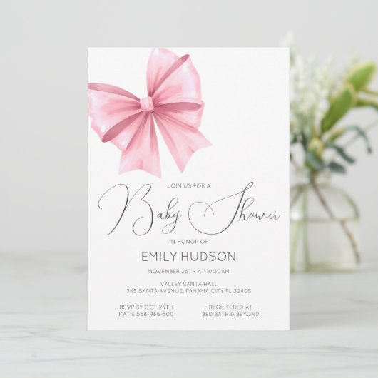 Be-editbare Roze Strik Coquette Uitnodiging (Staand voorkant)