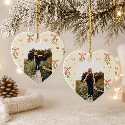 Be-editbare Roze Strik Misteletoe Foto Kerst Hart Keramisch Ornament