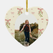 Be-editbare Roze Strik Misteletoe Foto Kerst Hart Keramisch Ornament (Voorkant)