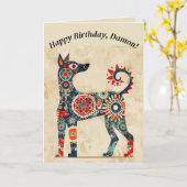 Be-editbare verjaardagskaart met volks kunst hond kaart (Gele Bloem)