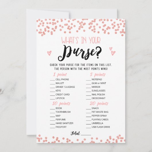 Be-editbare Wat zit er in je tas Bruids douche kaa Kaart (Voorkant)