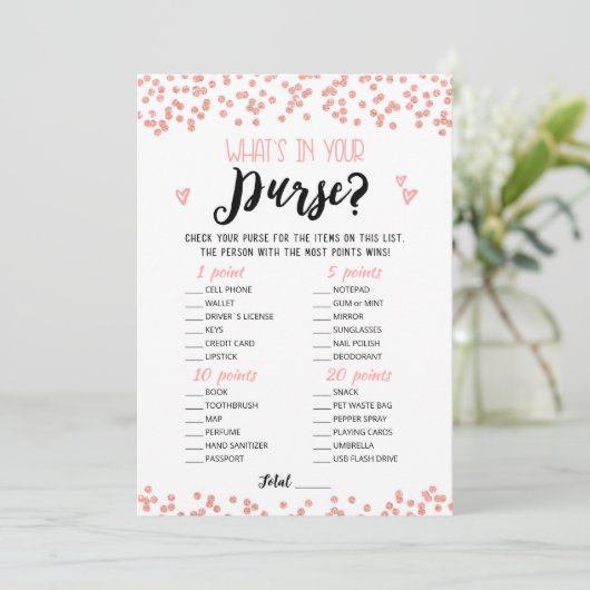 Be-editbare Wat zit er in je tas Bruids douche kaa Kaart (Staand voorkant)