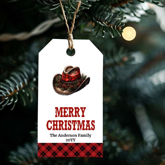 Be-editbare westerse kersttag met cowboyhoed cadeaulabel