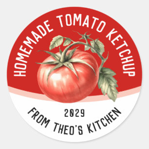 Be-editbare zelfgemaakte tomatenketchup met rode t ronde sticker