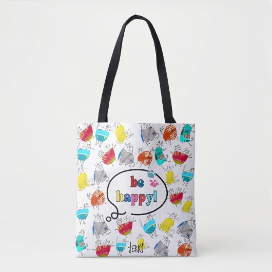 "Be Happy" Kleurrijk Kattenontwerp Tote Bag (Voorkant)