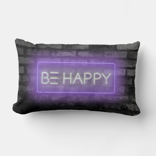 BE HAPPY Paarse Neon Teken Lumbaal Kussen (Voorkant)
