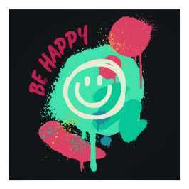 Be Happy Smiley Mint & Pink Graffiti Street Art Perfect Poster