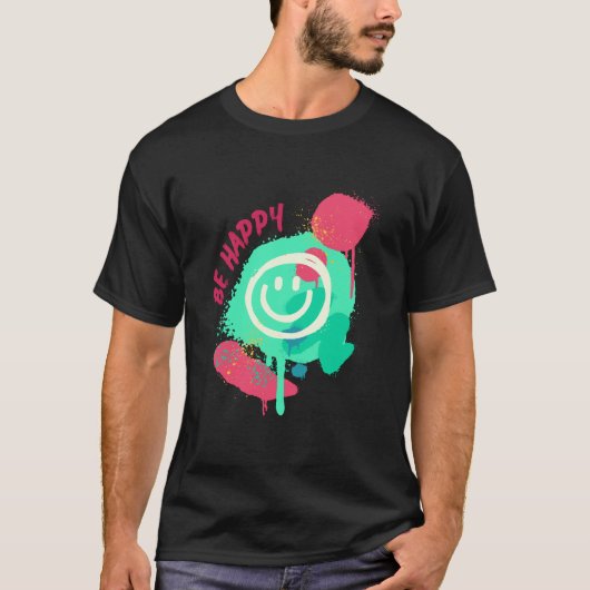 Be Happy Smiley Mint & Pink Graffiti Street Art T-shirt (Voorkant)