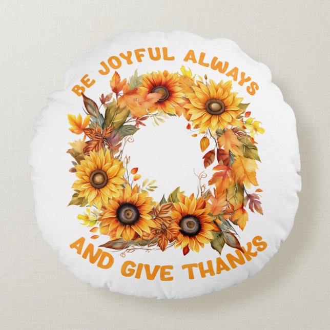 Be Joyful Always – Autumn Wreath Thanksgiving Rond Kussen (Voorkant)
