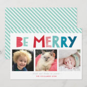 BE MERRY 3 FOTO moderne kerst leuke typografie Feestdagenkaart (Voorkant / Achterkant)
