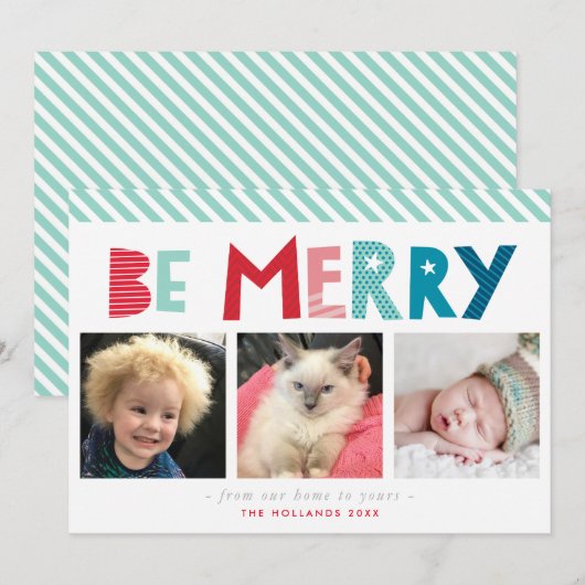 BE MERRY 3 FOTO moderne kerst leuke typografie Feestdagenkaart (Voorkant / Achterkant)