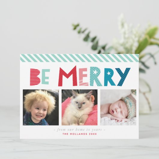 BE MERRY 3 FOTO moderne kerst leuke typografie Feestdagenkaart (Staand voorkant)