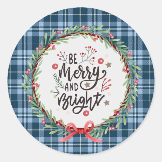"Be Merry & Bright" Blue Gingham Plaid Ronde Sticker (Voorkant)