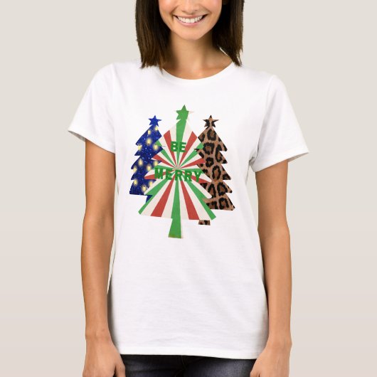 Be Merry Christmas Rood Groen Luipaard Blauw T-shi T-shirt (Voorkant)