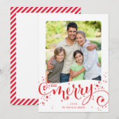 BE MERRY FAMILIE foto modern leuk script rood Feestdagenkaart (Voorkant / Achterkant)