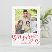 BE MERRY FAMILIE foto modern leuk script rood Feestdagenkaart (Staand voorkant)